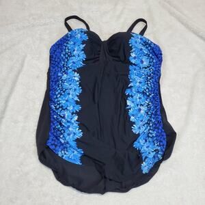 Lands' End Black Blue Plus Size One piece Swimsuit 22W Ruched Beachy Swim Summer
